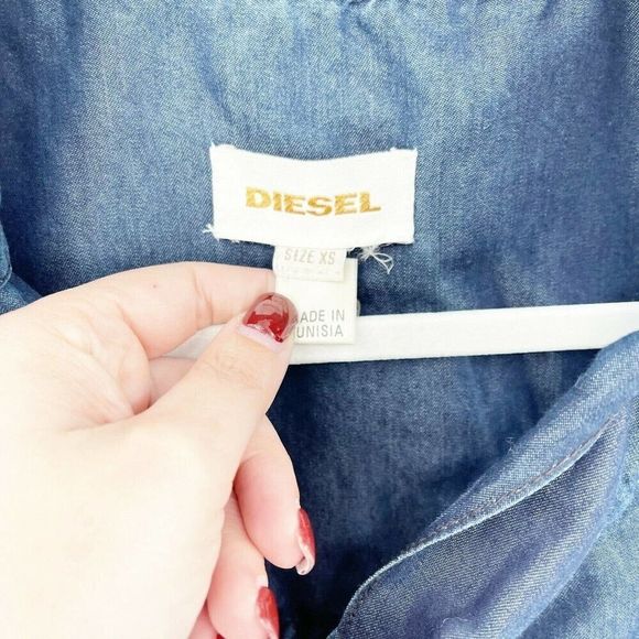 Diesel Silk Blend Chambray Tunic Dress Sz XS Blue Tie Neck Pockets Sleeveless - Picture 3 of 9